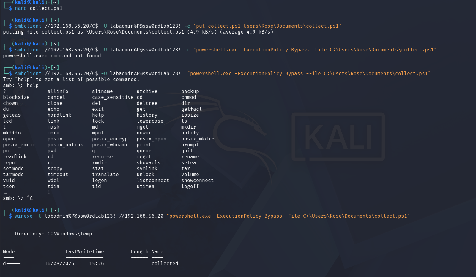 Kali terminal showing the smbclient file push and initial PowerShell collection attempt