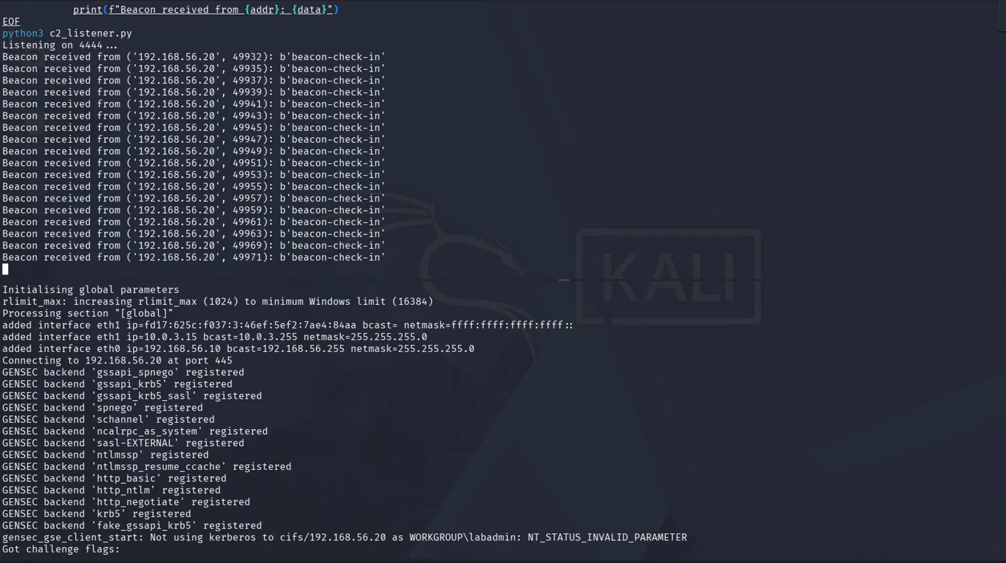 Kali listener receiving repeated beacon check-ins from the PowerShell heartbeat script