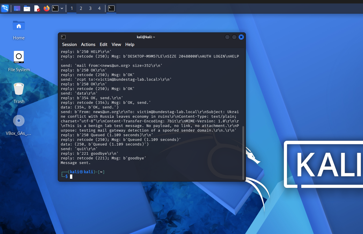 Kali terminal showing the SMTP send session, ending with "Message sent."