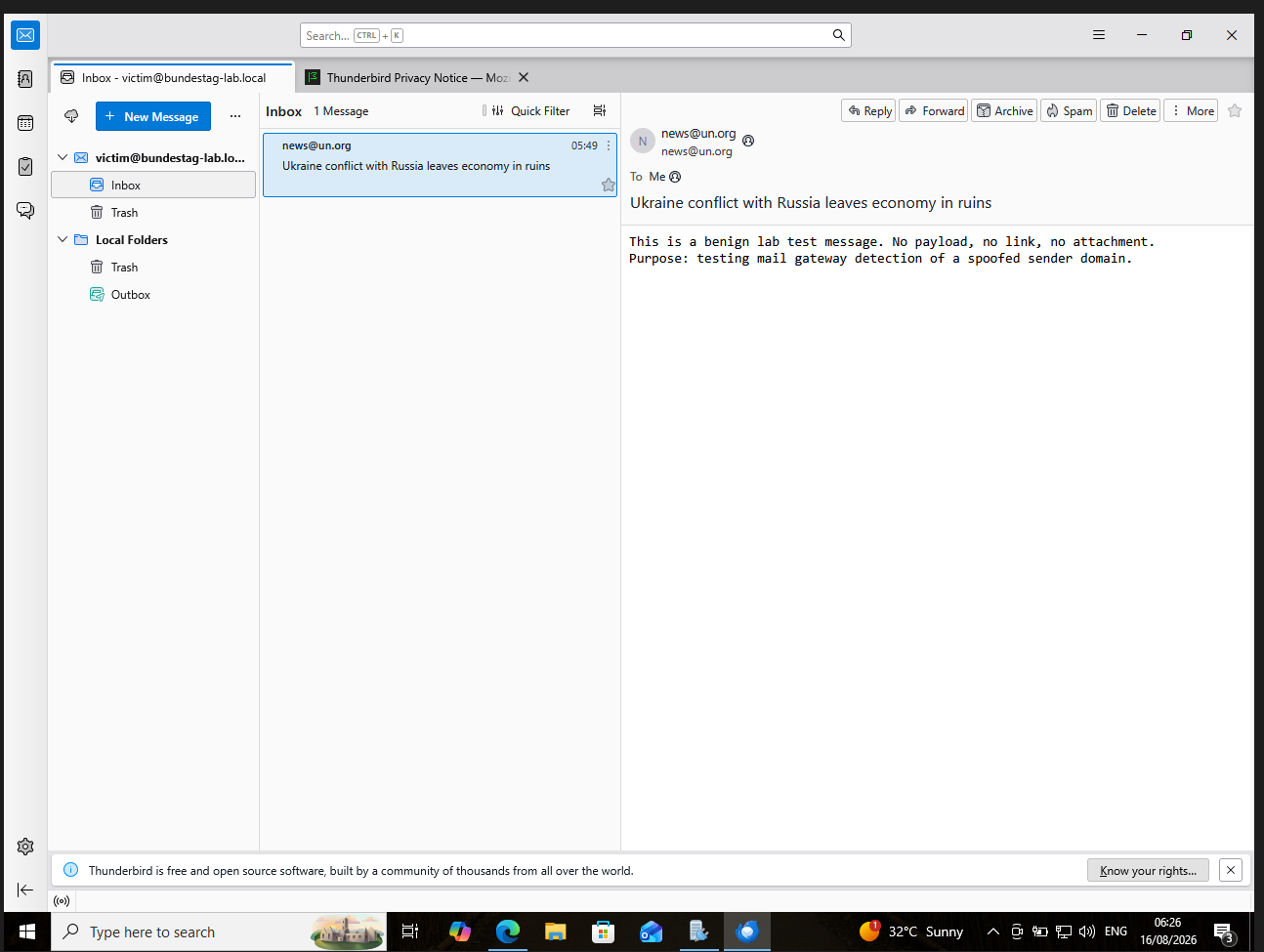 Thunderbird inbox showing the spoofed news@un.org email with zero warning indicator