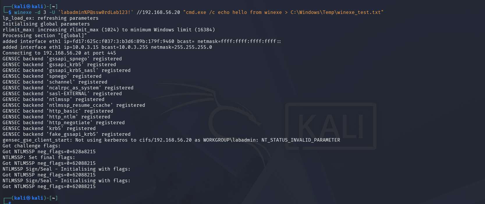 Kali terminal showing the initial Winexe connection attempt and GENSEC backend negotiation