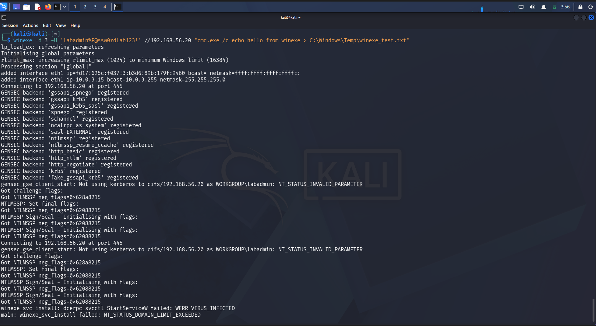 Kali terminal showing the second connection attempt failing with WERR_VIRUS_INFECTED