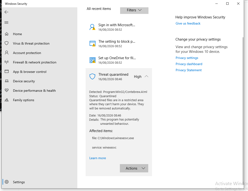 Windows Security showing the quarantined winexesvc.exe threat detection (Program:Win32/Contebrew.A!ml)