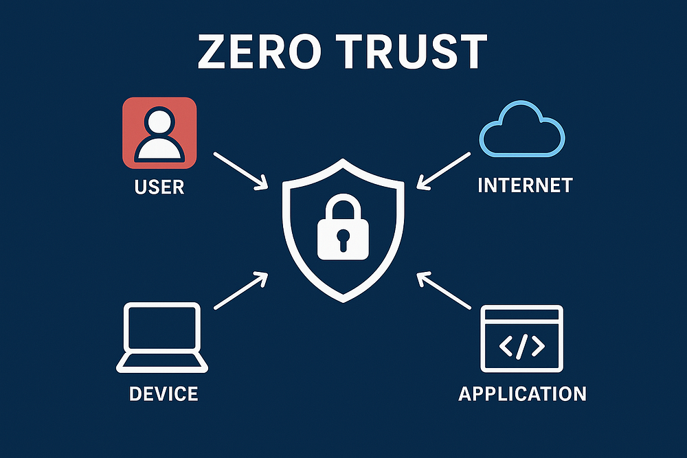 Zero Trust diagram: user, internet, device, and application all verify against a central shield